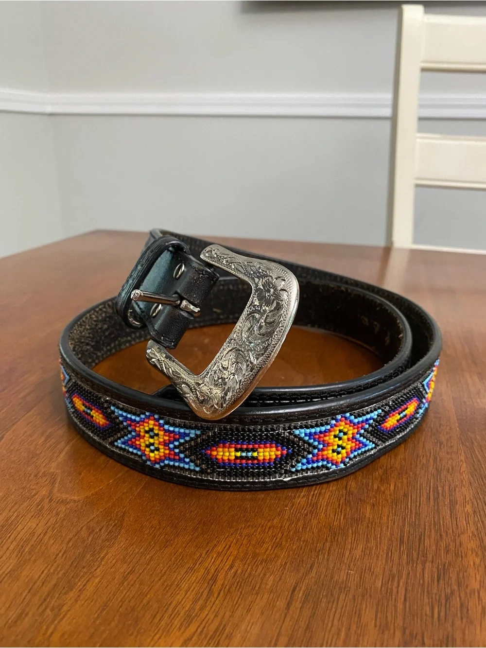 Men’s Beaded Blue/Red Western Southwestern Aztec Leather Belt - 40
